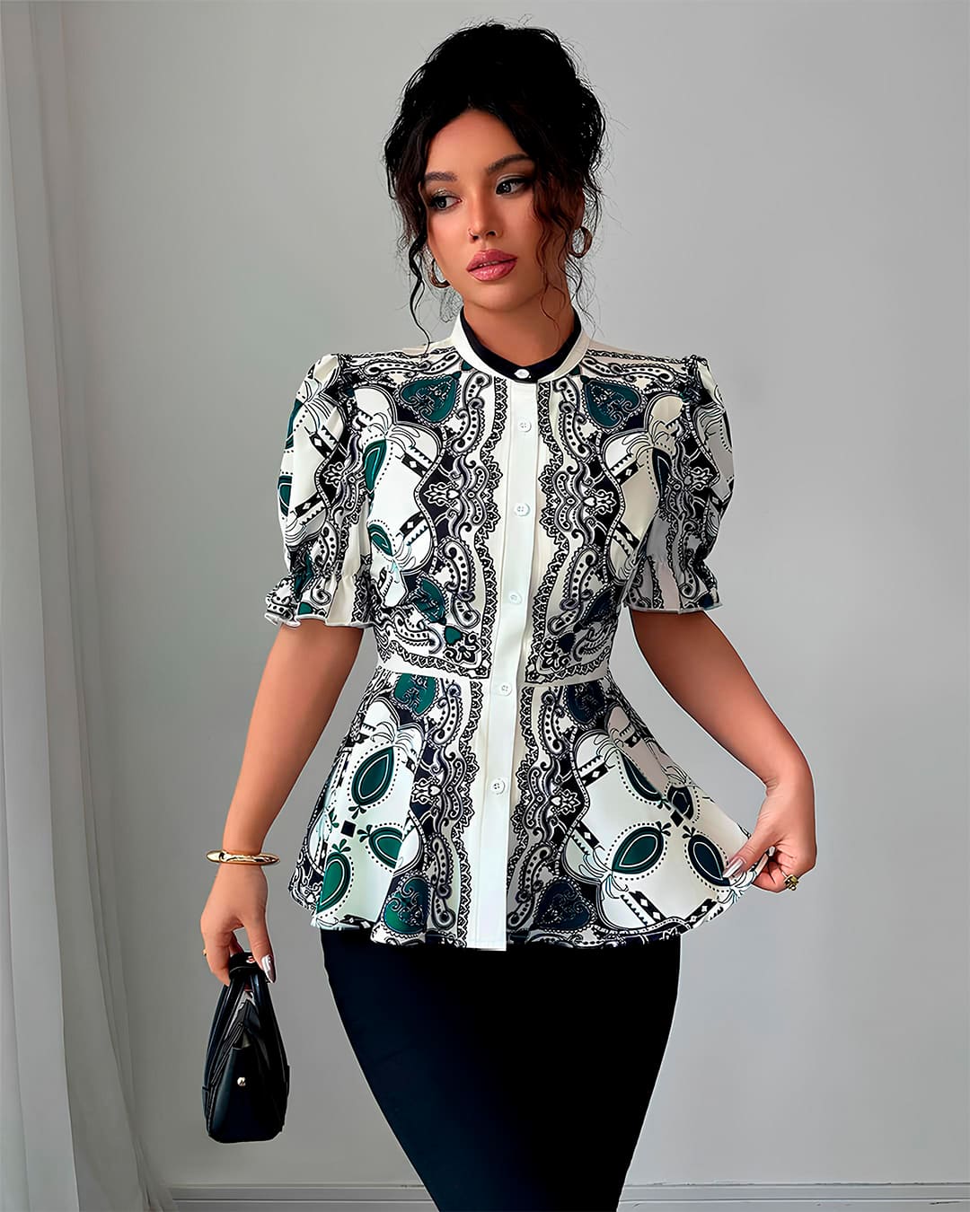 Blouse Imprimée Baroque Manches Bouffantes Peplum