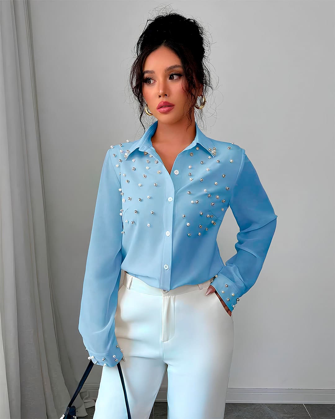 Blouse Perles Boutonnée Col Classique Manches Longues