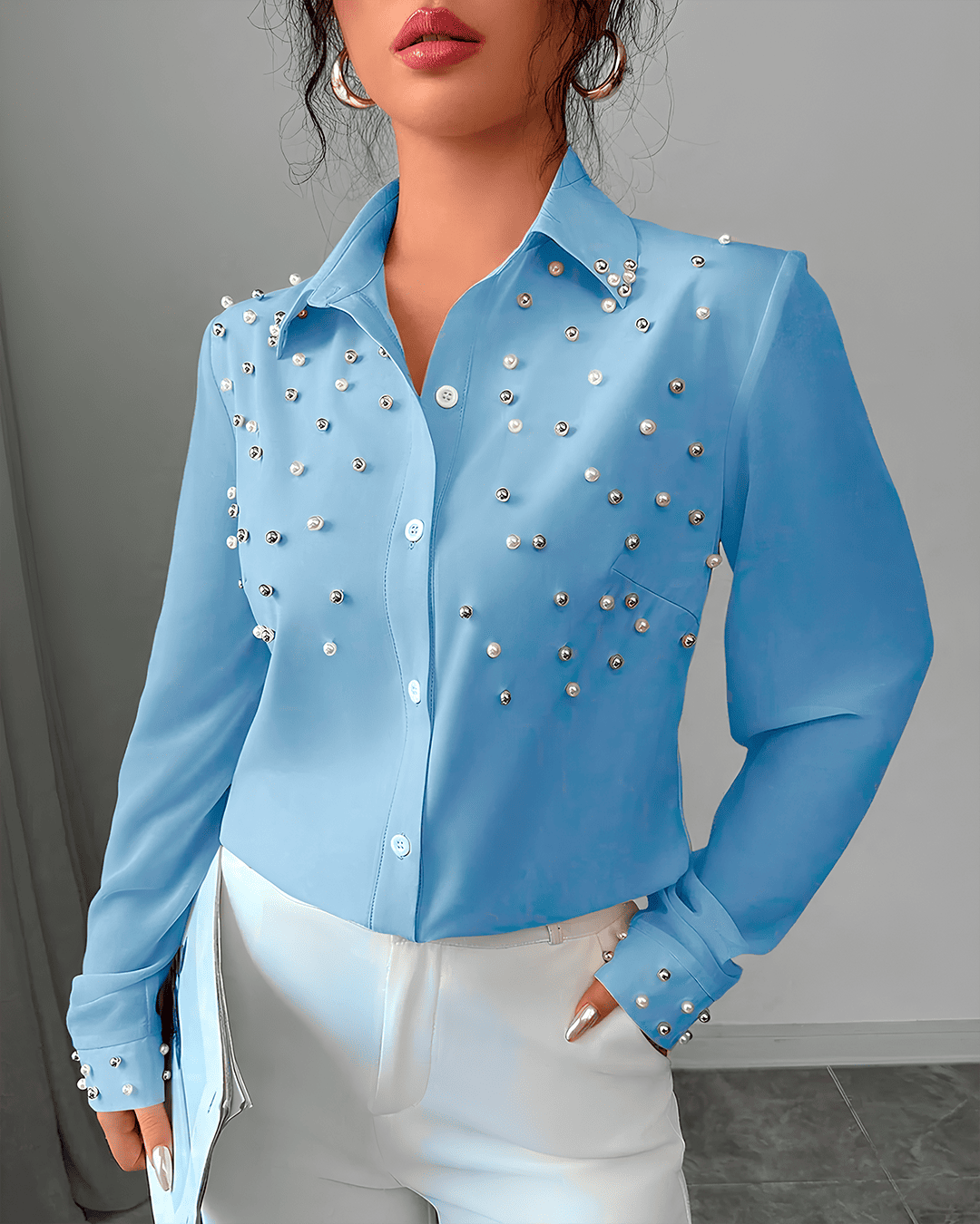 Blouse Perles Boutonnée Col Classique Manches Longues