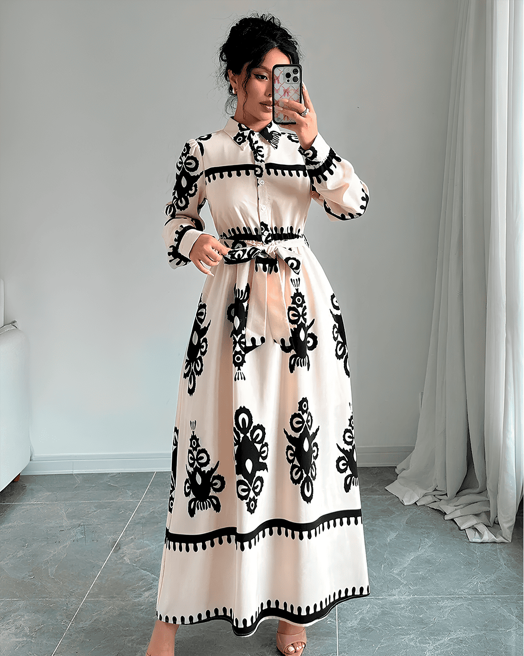 Chemise Longue Boutonné Ceinturé Motifs Robe