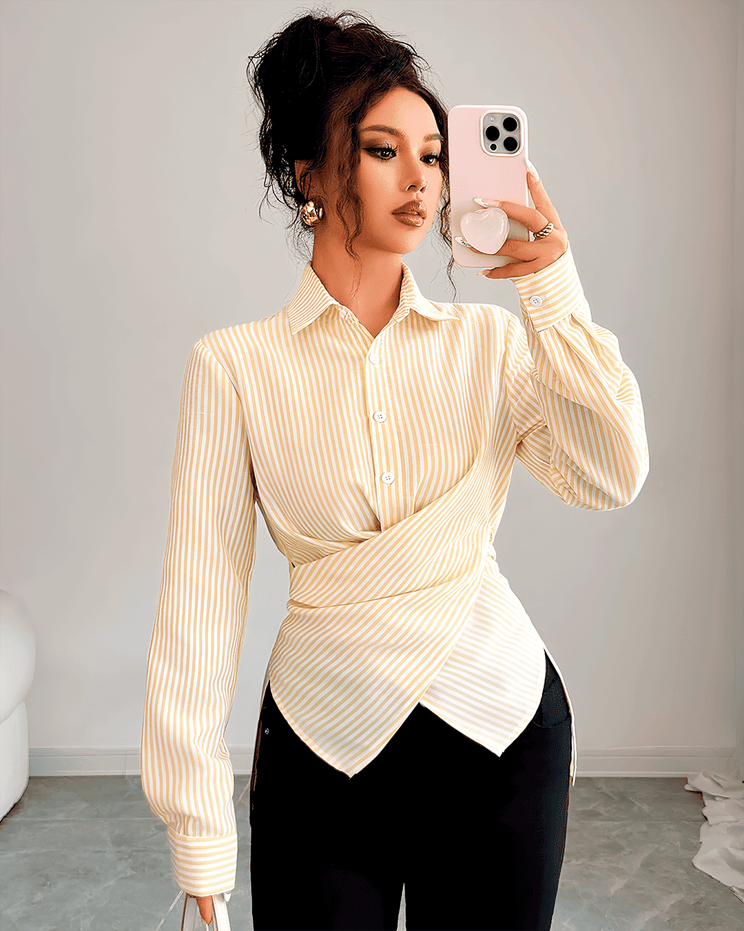 Chemisier Rayé Drapé Croisé Taille Cintrée