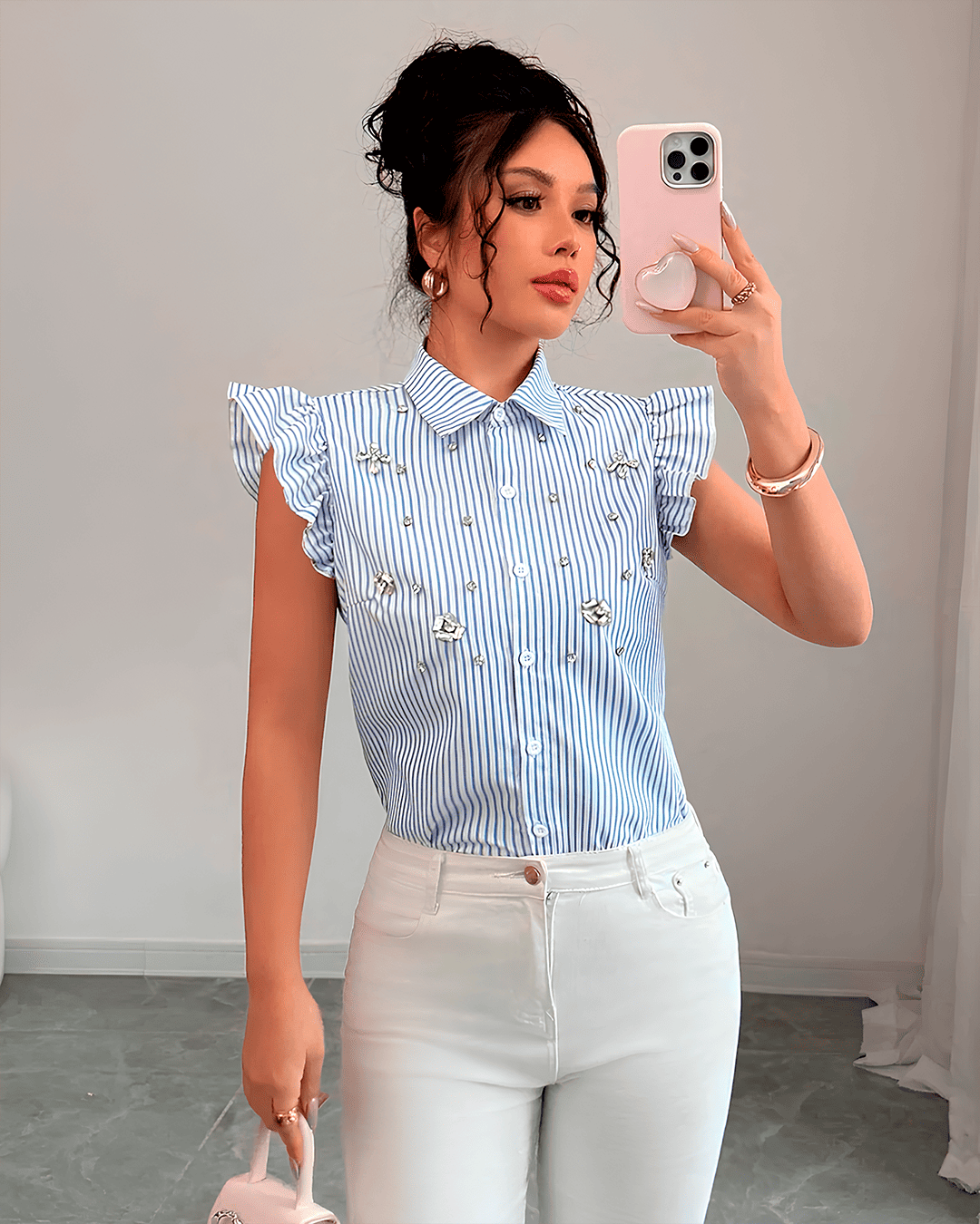 Chemisier Rayé Perles Sans Manches Volants