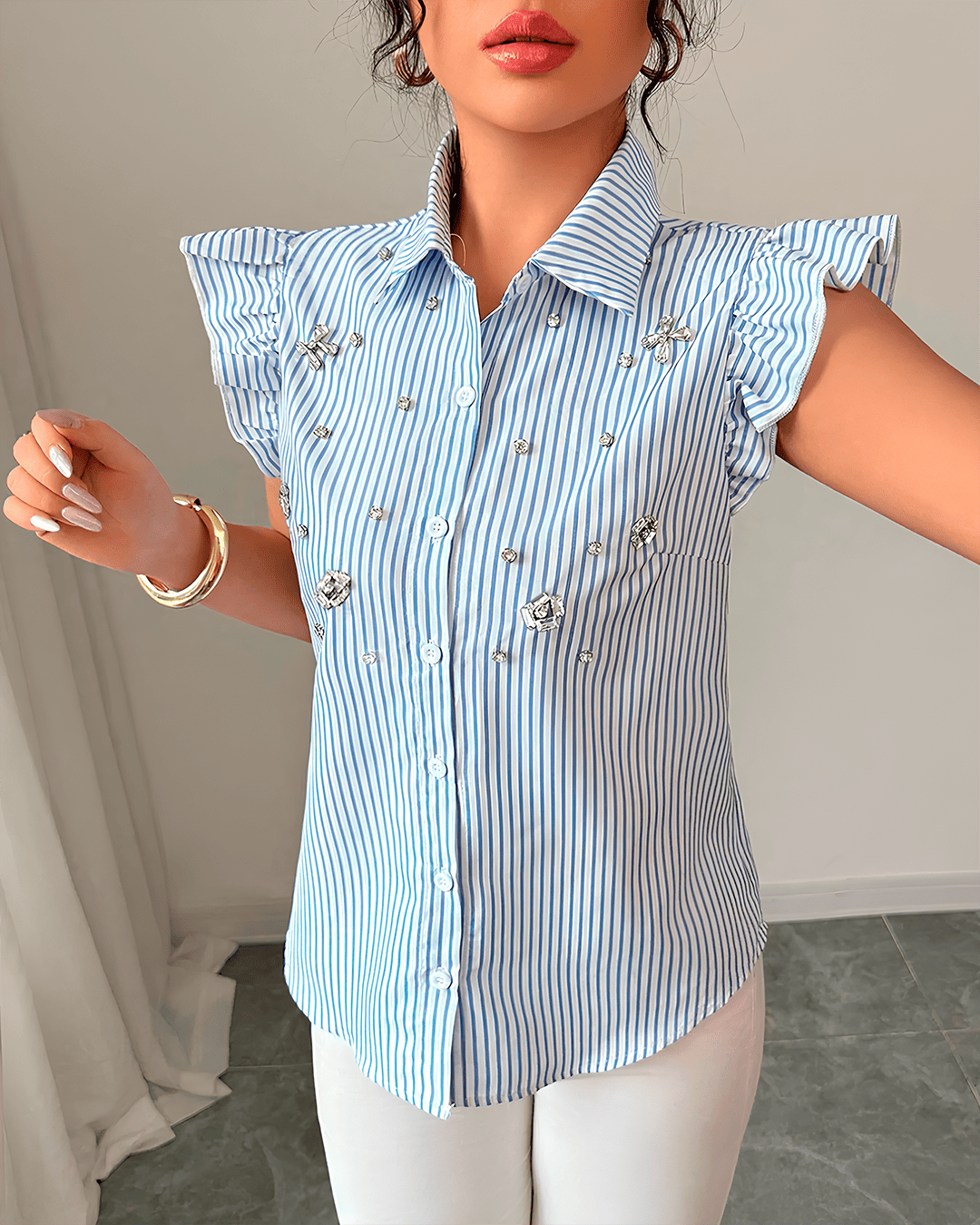 Chemisier Rayé Perles Sans Manches Volants