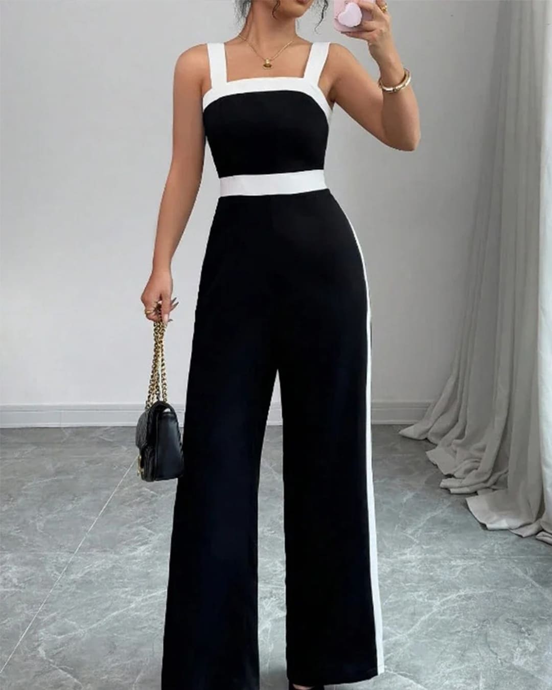 Combinaison Bretelles Bande Contrastée Taille Haute