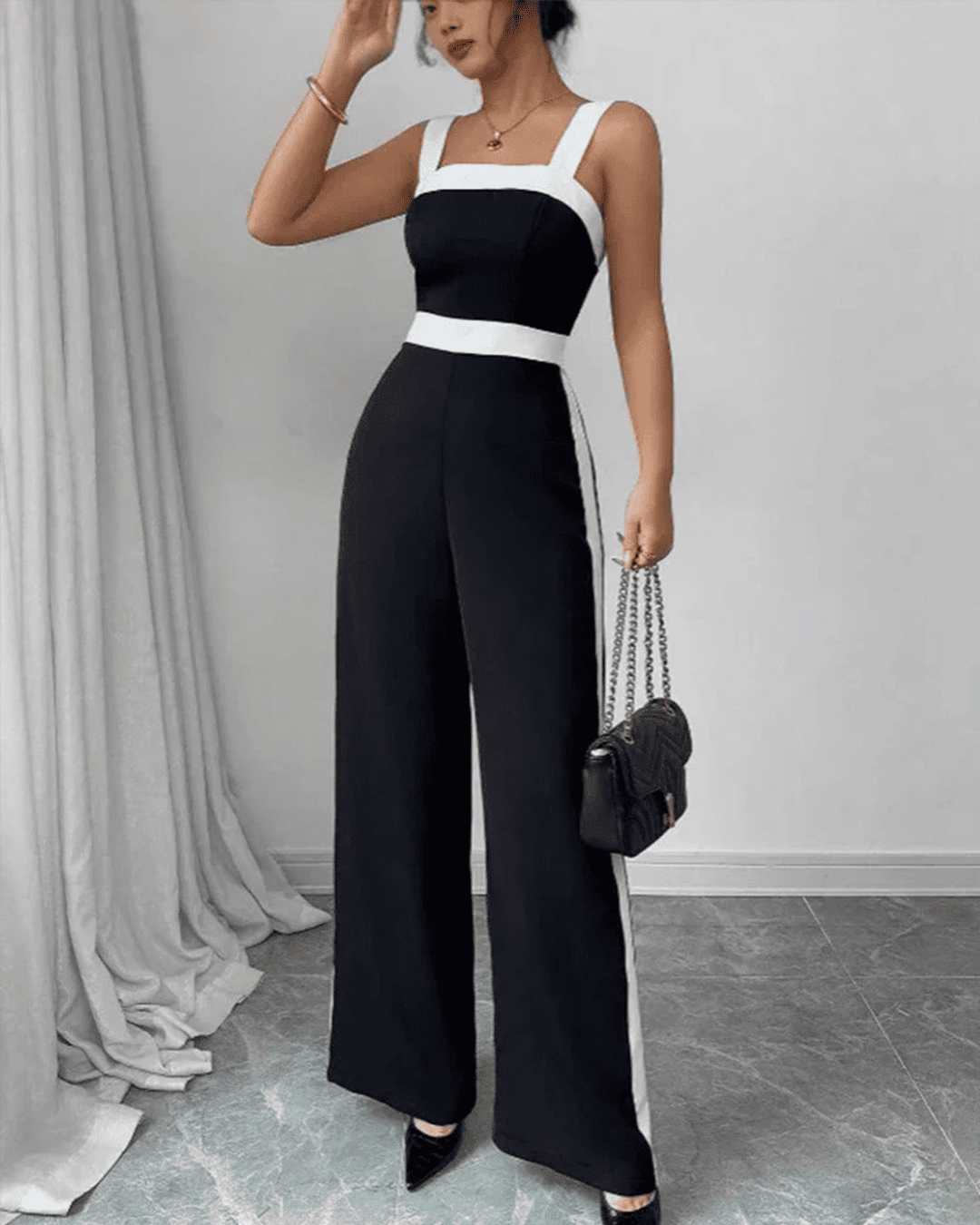 Combinaison Bretelles Bande Contrastée Taille Haute