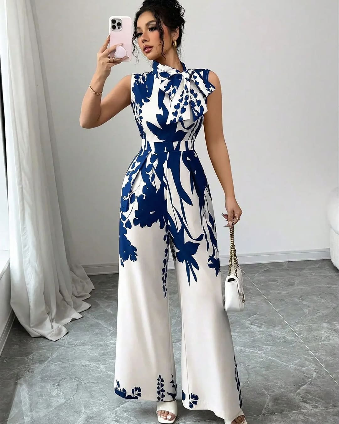 Combinaison Col Noué Taille Cintrée Imprimé Floral