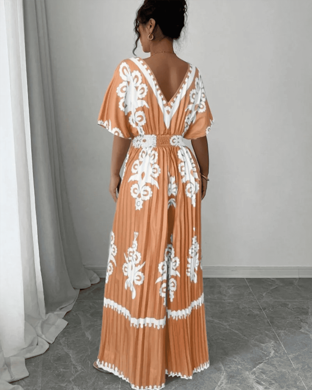 Combinaison Col V Plissé Taille Ceinturée Motifs Orange