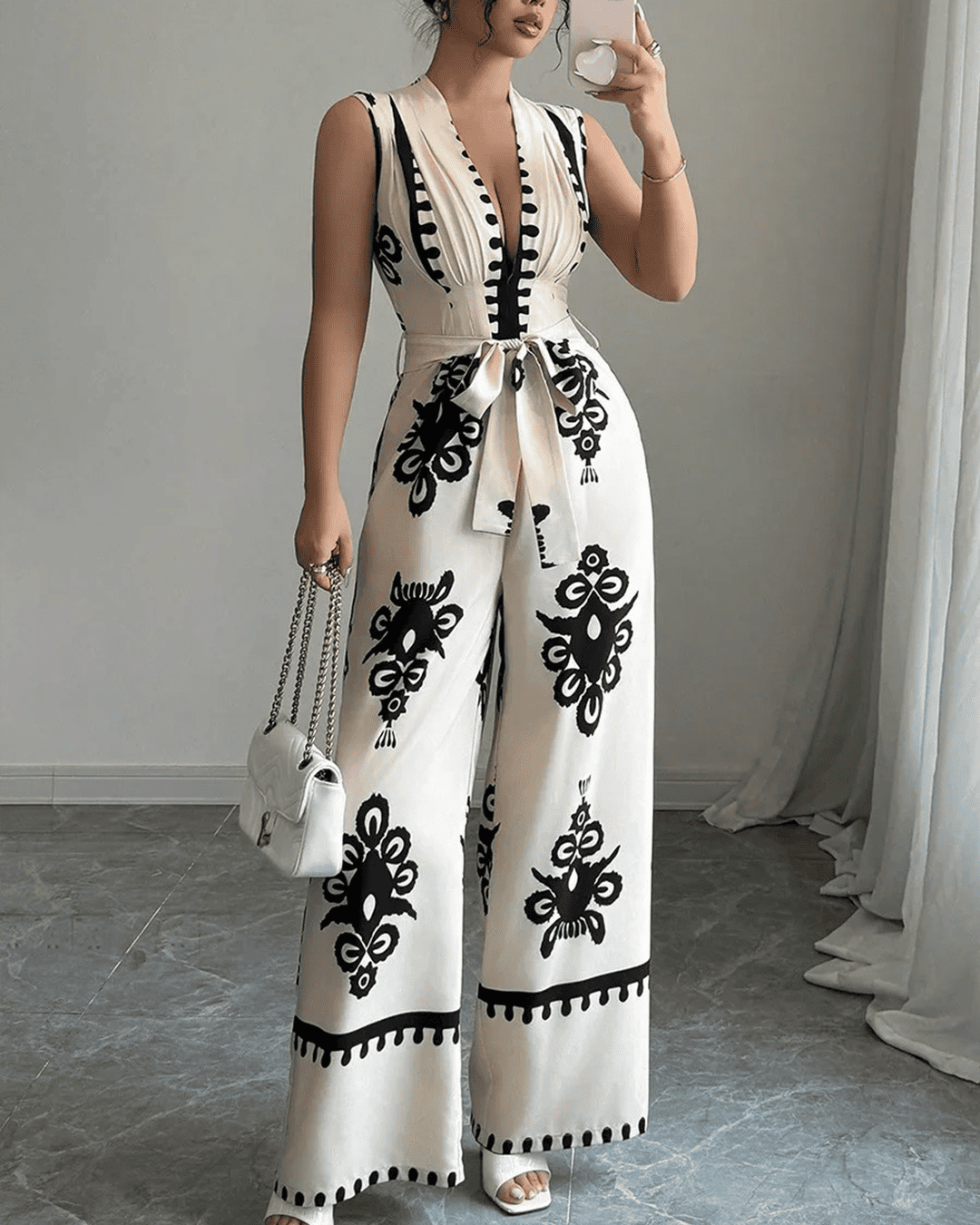 Combinaison Col V Sans Manches Ceinturée Motifs