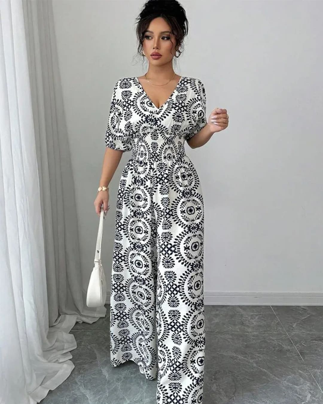 Combinaison Col V Taille Élastique Imprimé Bohème