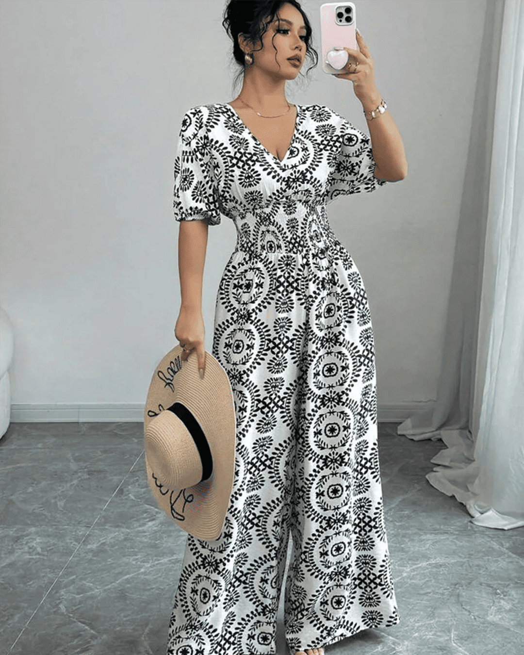 Combinaison Col V Taille Élastique Imprimé Bohème