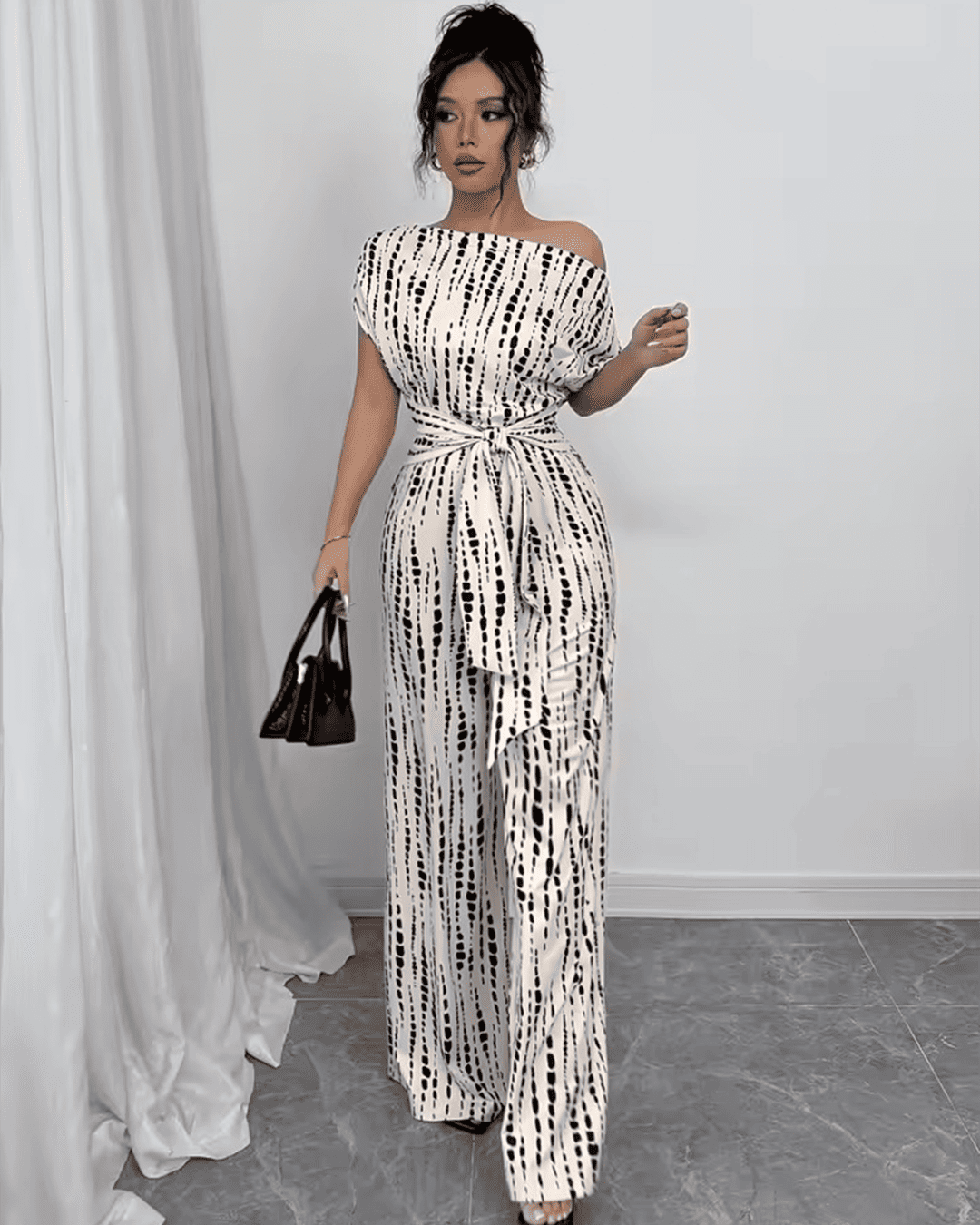 Combinaison Épaule Dénudée Ceinturée Imprimé Rayé