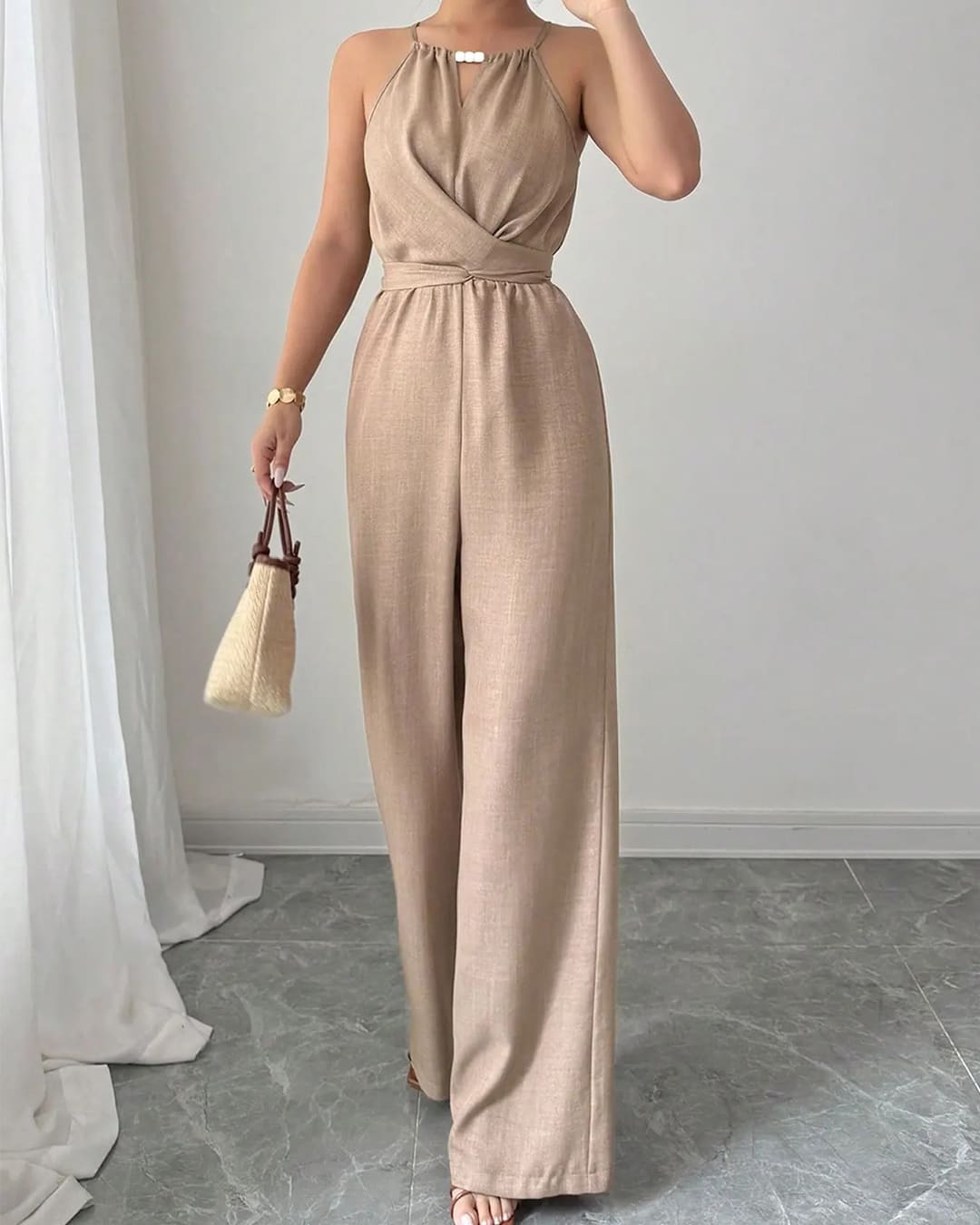 Combinaison Halter Drapée Taille Haute Jambes Larges