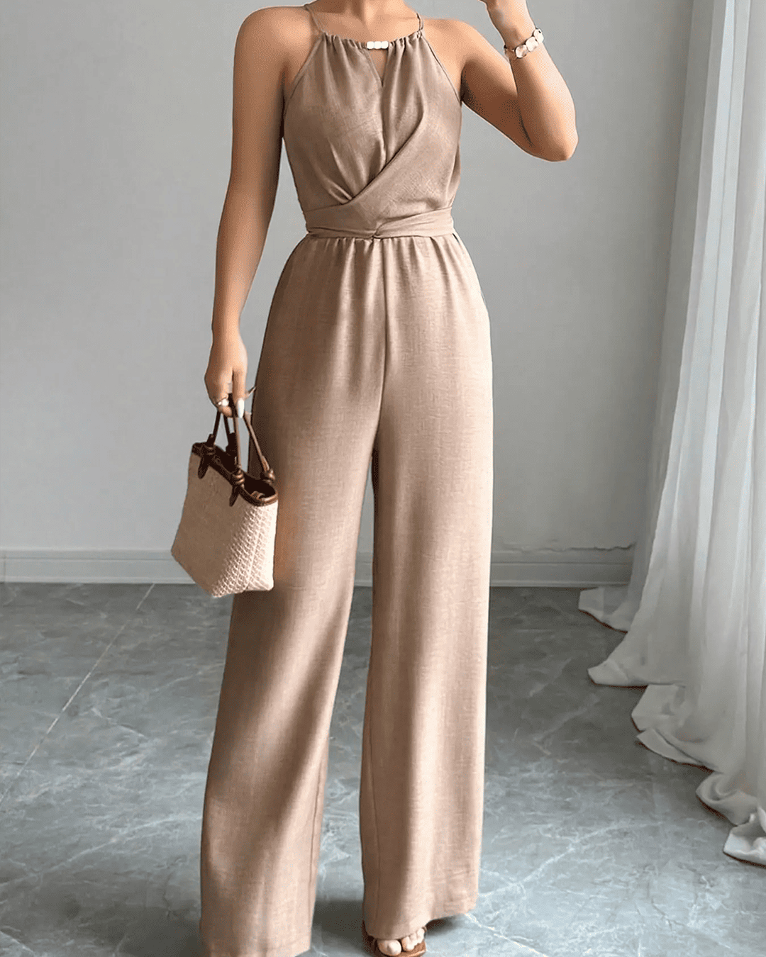 Combinaison Halter Drapée Taille Haute Jambes Larges