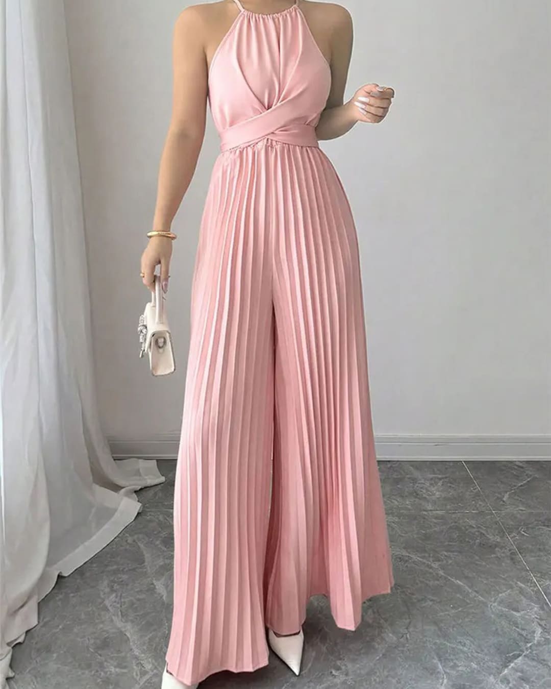 Combinaison Halter Plissé Taille Croisée Jambes Larges