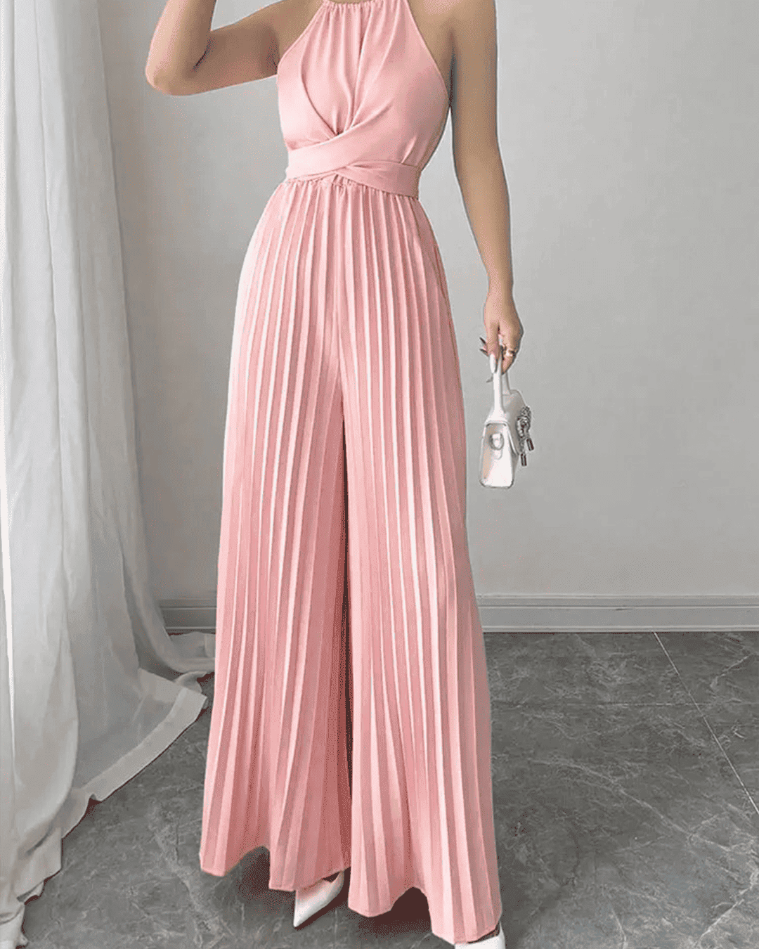 Combinaison Halter Plissé Taille Croisée Jambes Larges