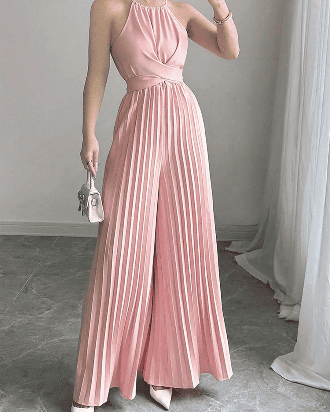 Combinaison Halter Plissé Taille Croisée Jambes Larges
