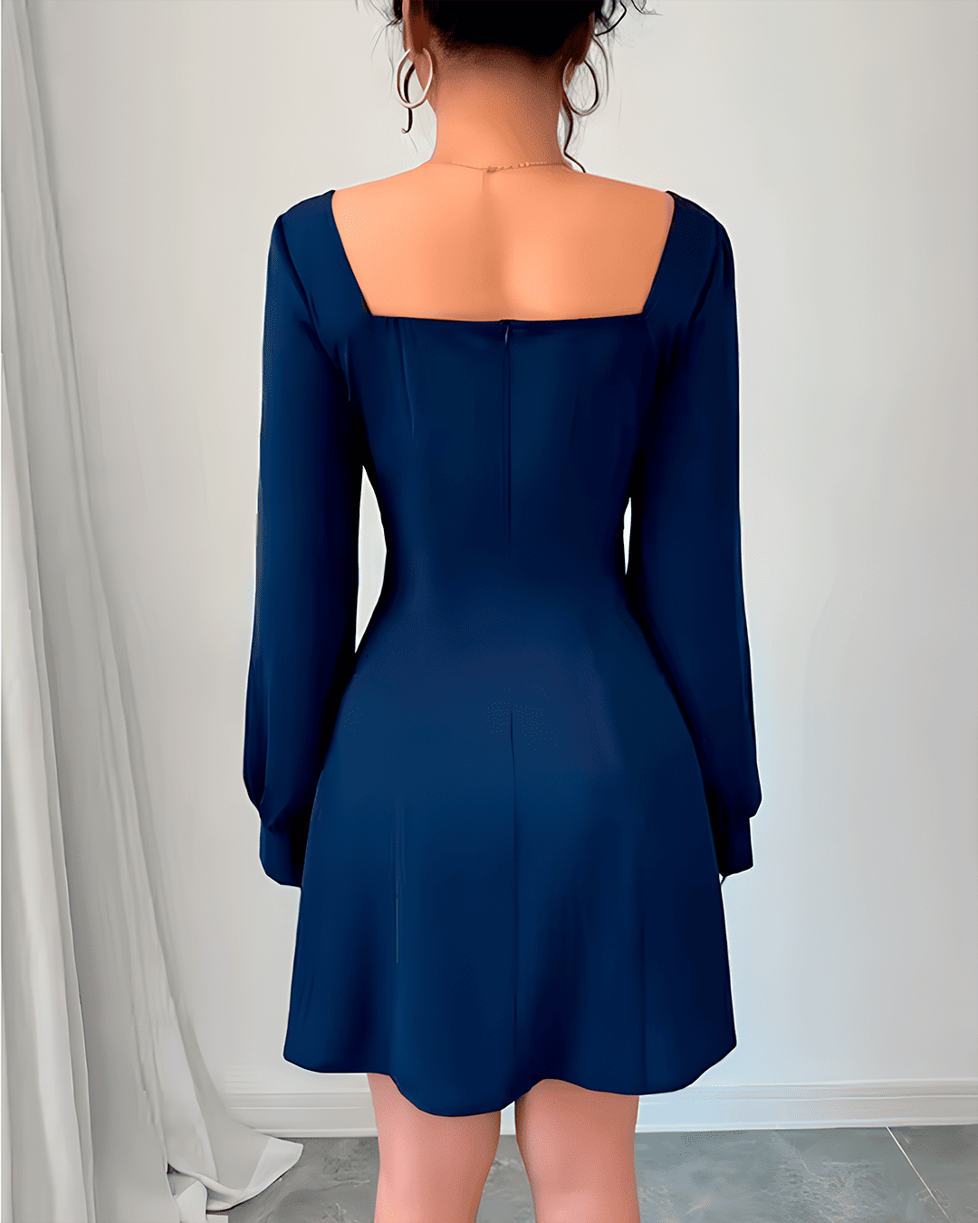 Encolure Carrée Manches Longues Évasé Plissé Robe