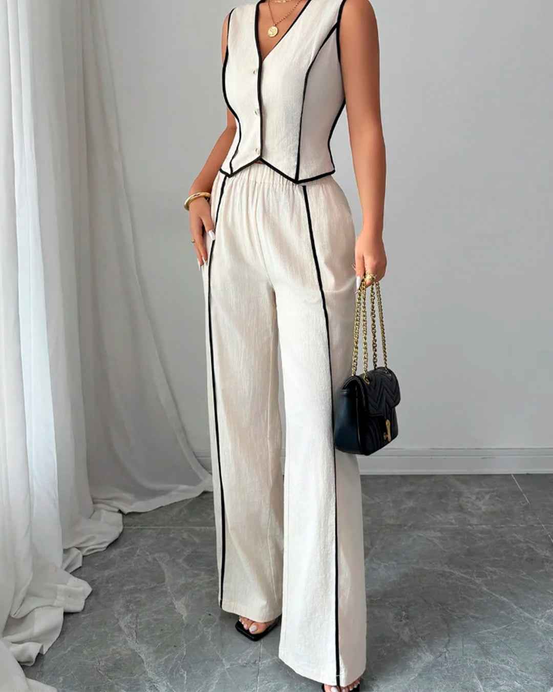 Ensemble Gilet Cintré Liseré Contrasté Pantalon Large