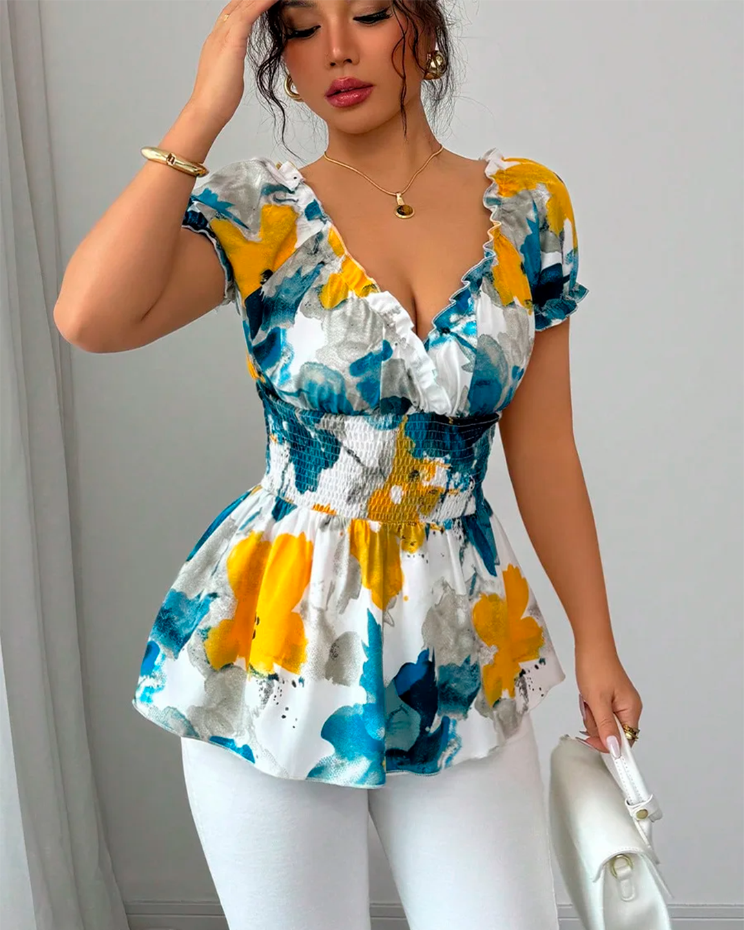 Blouse Col V Volants Taille Smockée Imprimée