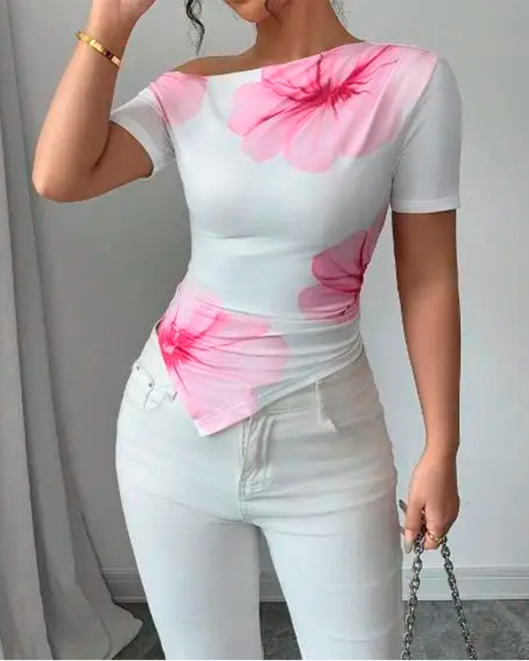 Blouse Épaule Dénudée Imprimé Floral Froncée