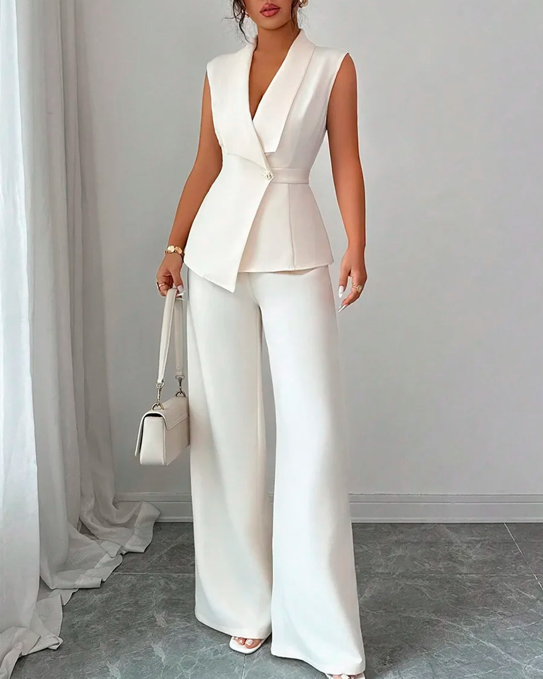 Ensemble Gilet Col Châle Ceinturé + Pantalon Large