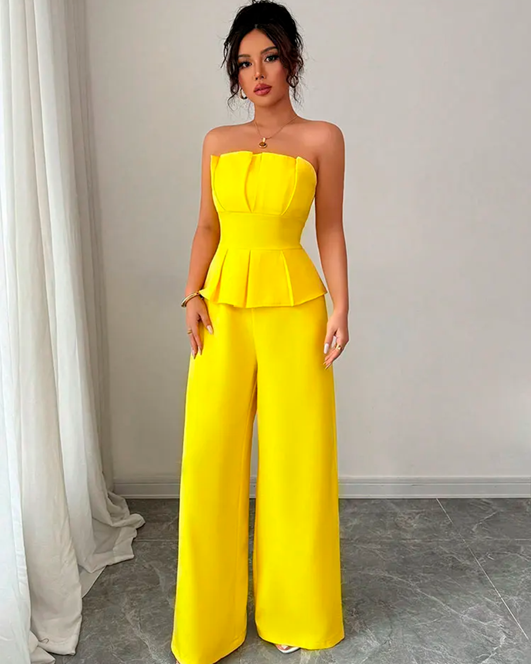 Ensemble Bustier Plissé Peplum + Pantalon Large