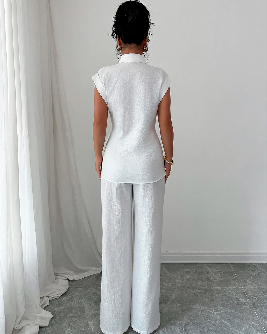 Ensemble Chemise Nœud Pantalon Large Sans Manches