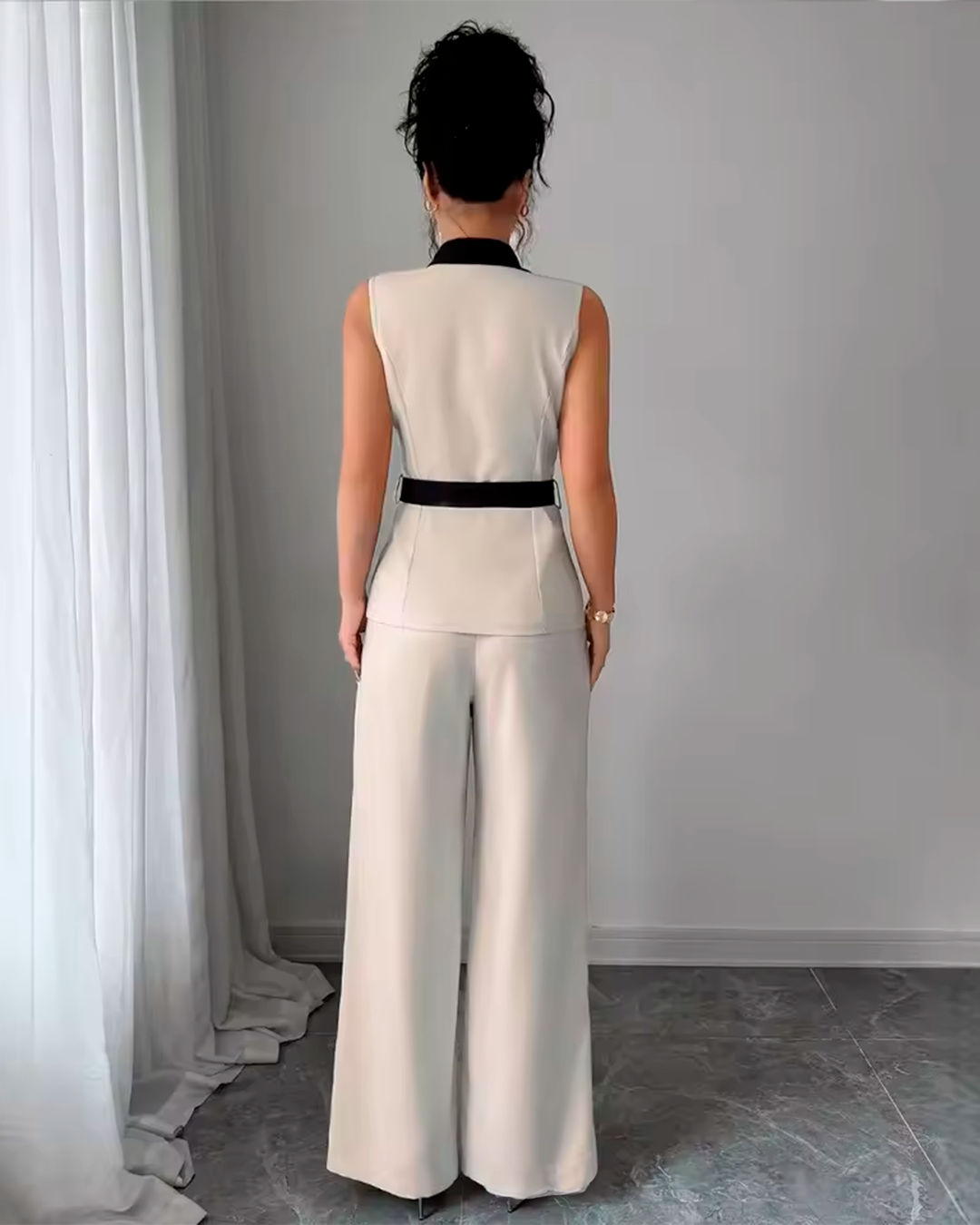 Ensemble Gilet Contrasté Ceinturé + Pantalon Large