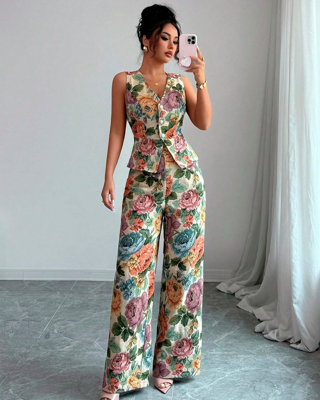 Ensemble Fleuri Gilet Cintré Pantalon Large