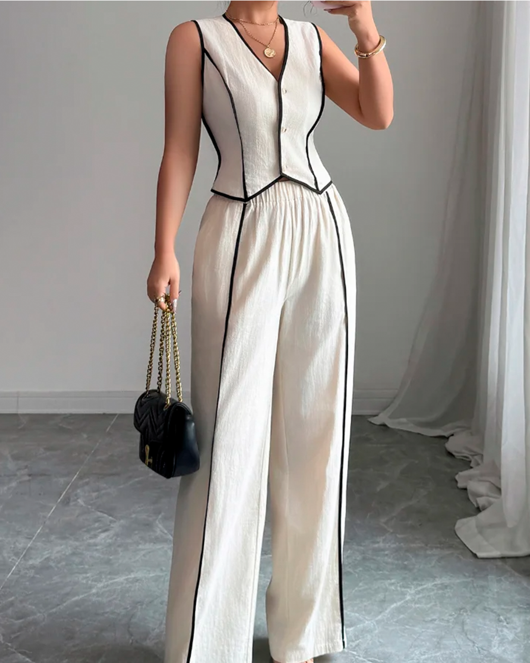 Ensemble Gilet Cintré Liseré Contrasté Pantalon Large