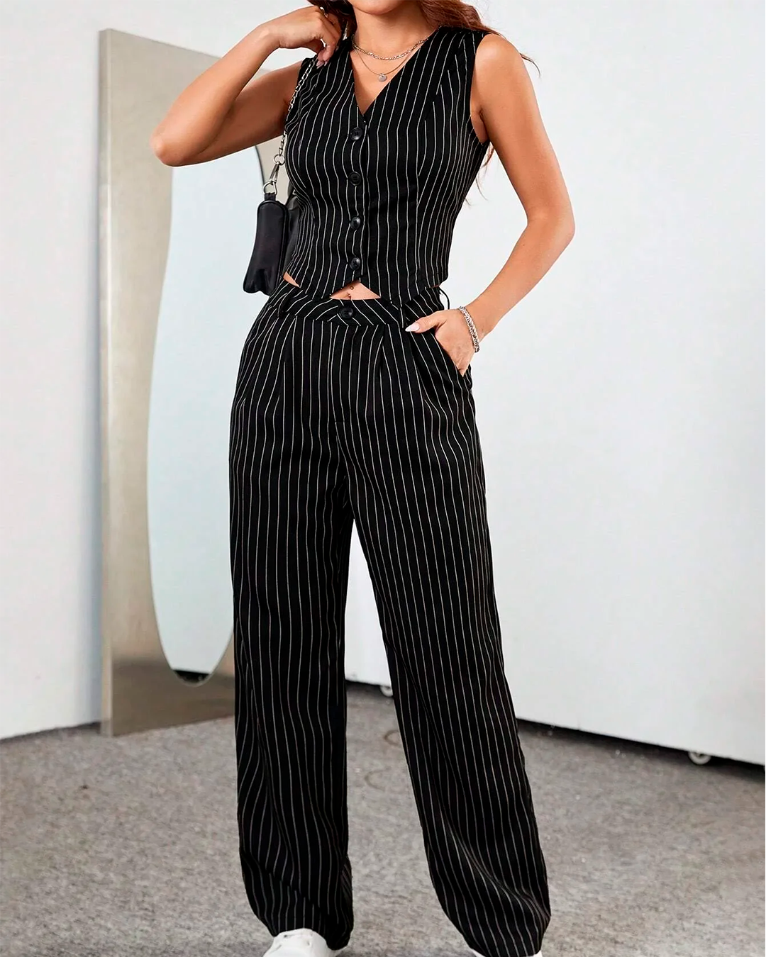 Ensemble Gilet Rayé Taille Découpée + Pantalon