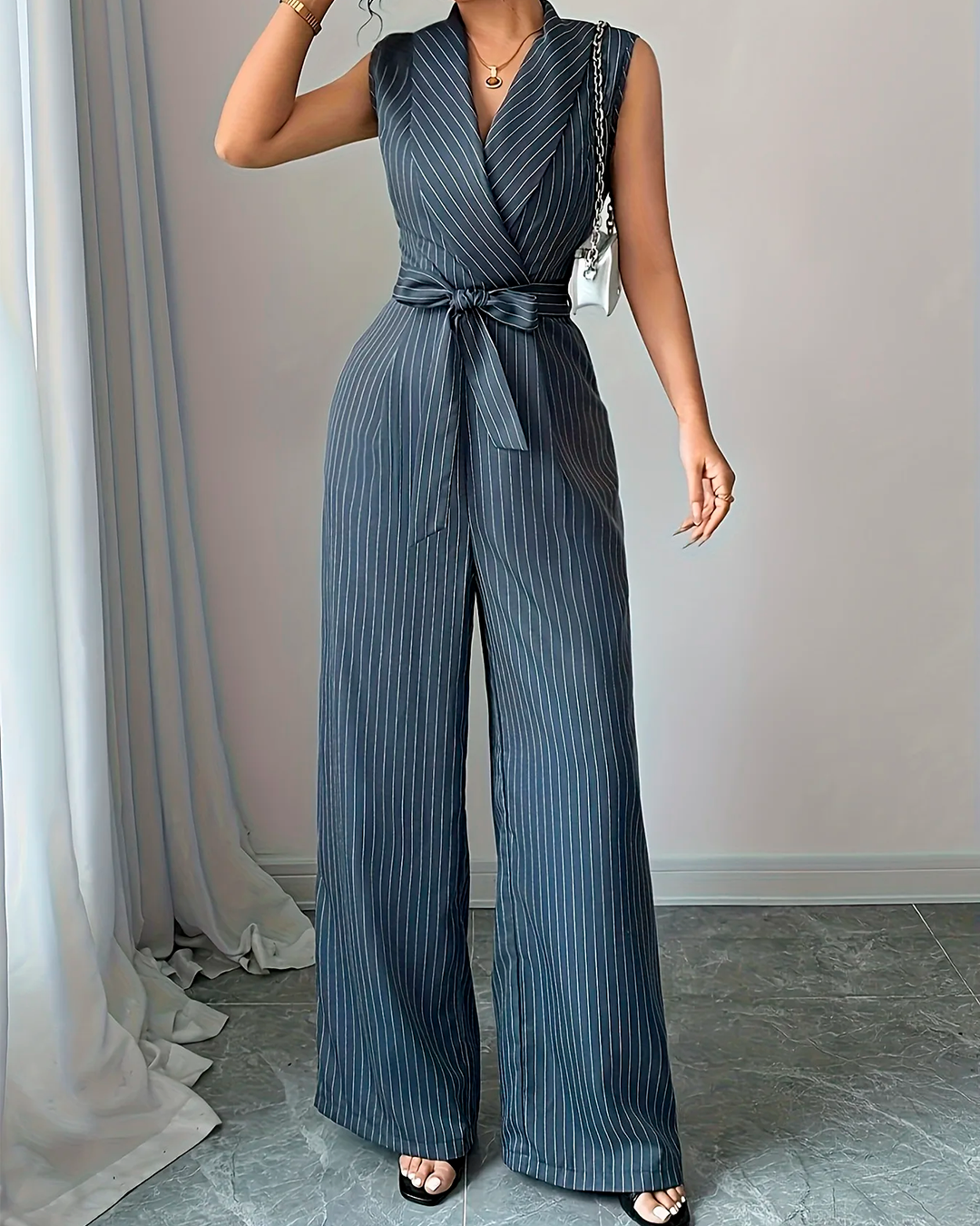 Combinaison Cache Cœur Rayée Ceinturée Jambes Larges