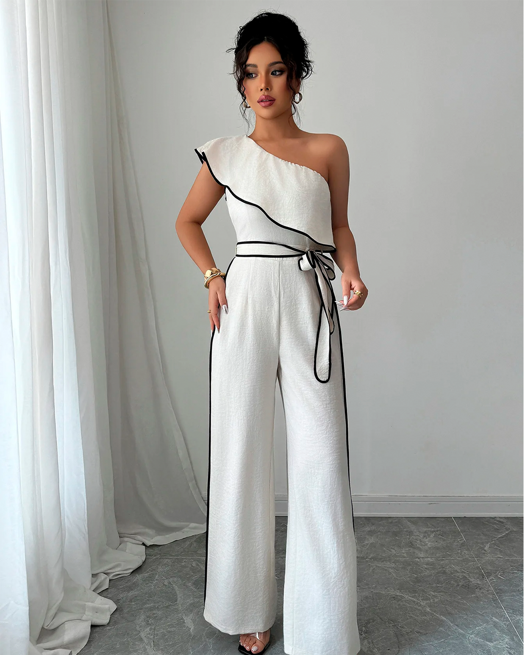 Combinaison Épaule Dénudée Taille Nouée Jambe Large