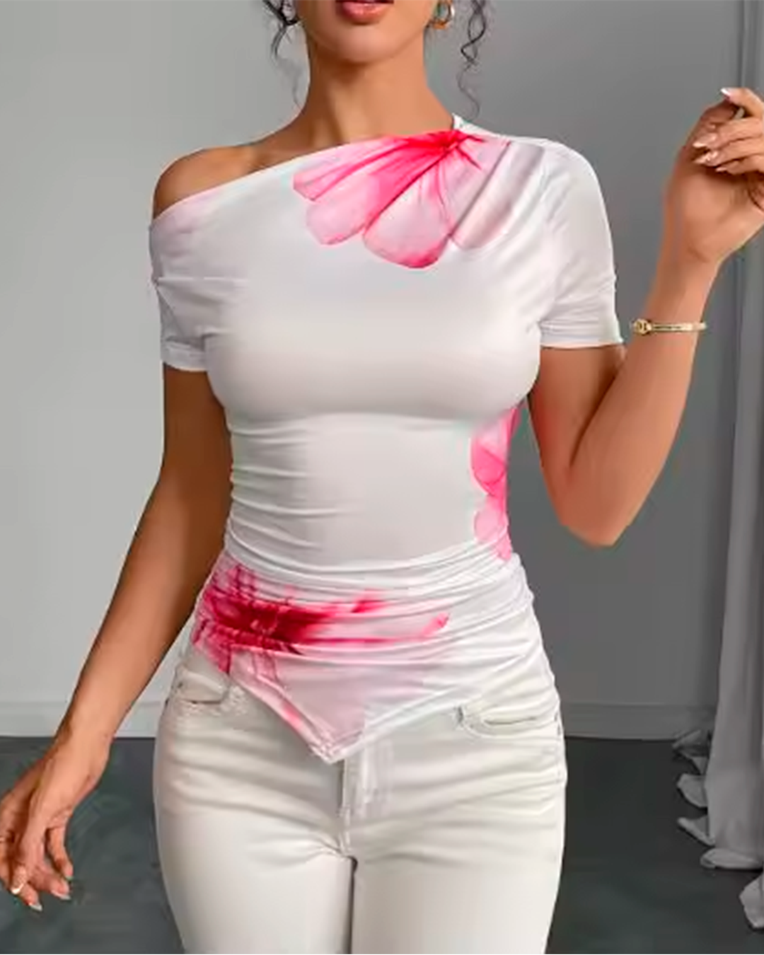 Blouse Épaule Dénudée Imprimé Floral Froncée