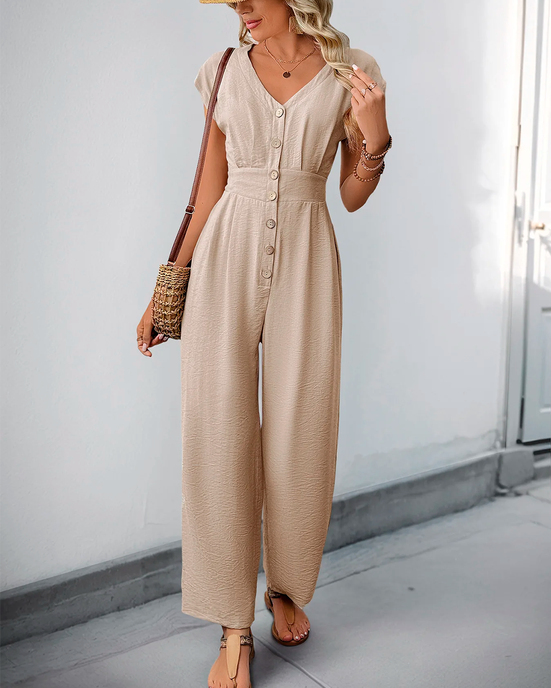 Combinaison Col V Boutonnée Taille Haute Décontractée