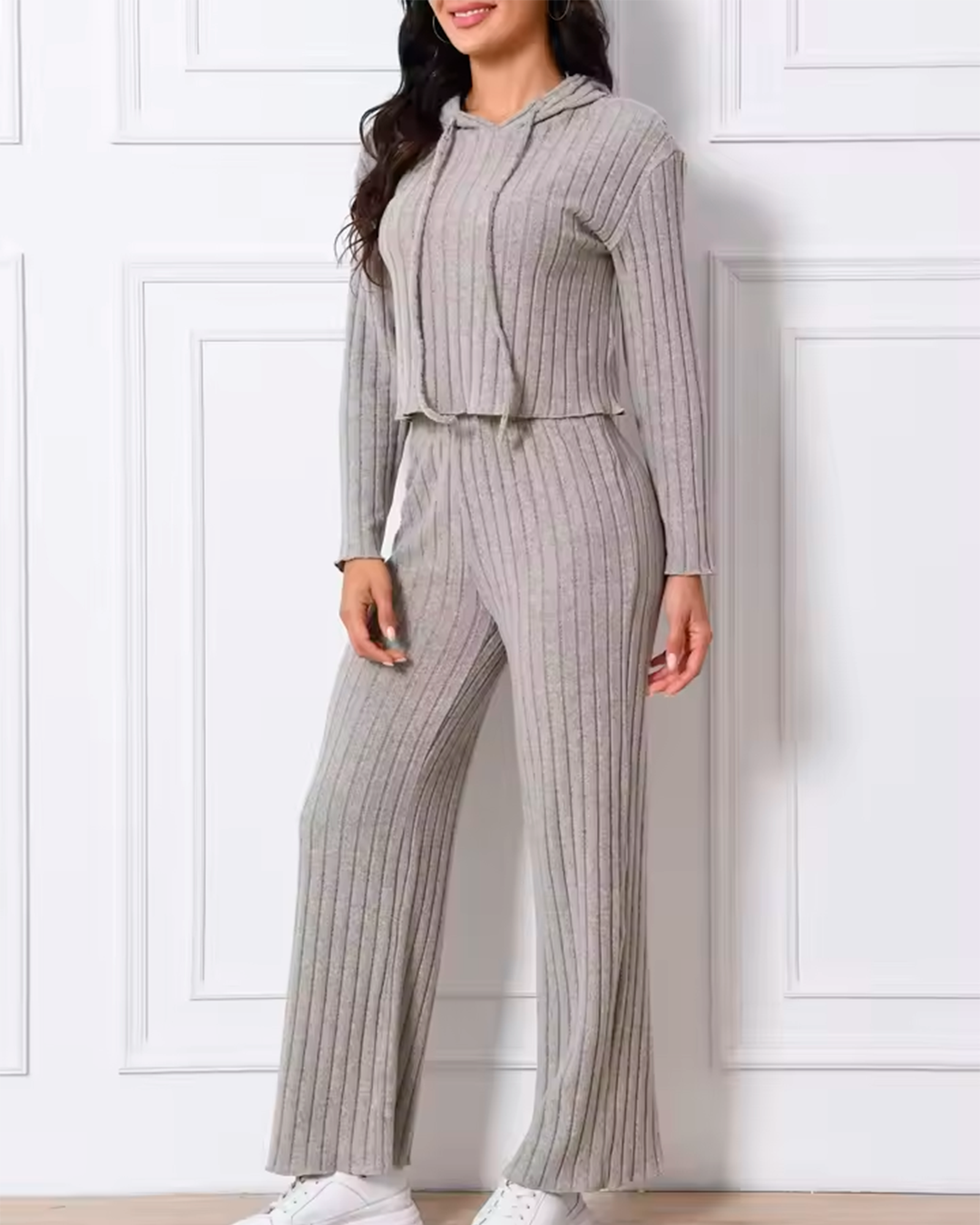 Ensemble Maille Côtelée Hoodie + Pantalon Droit