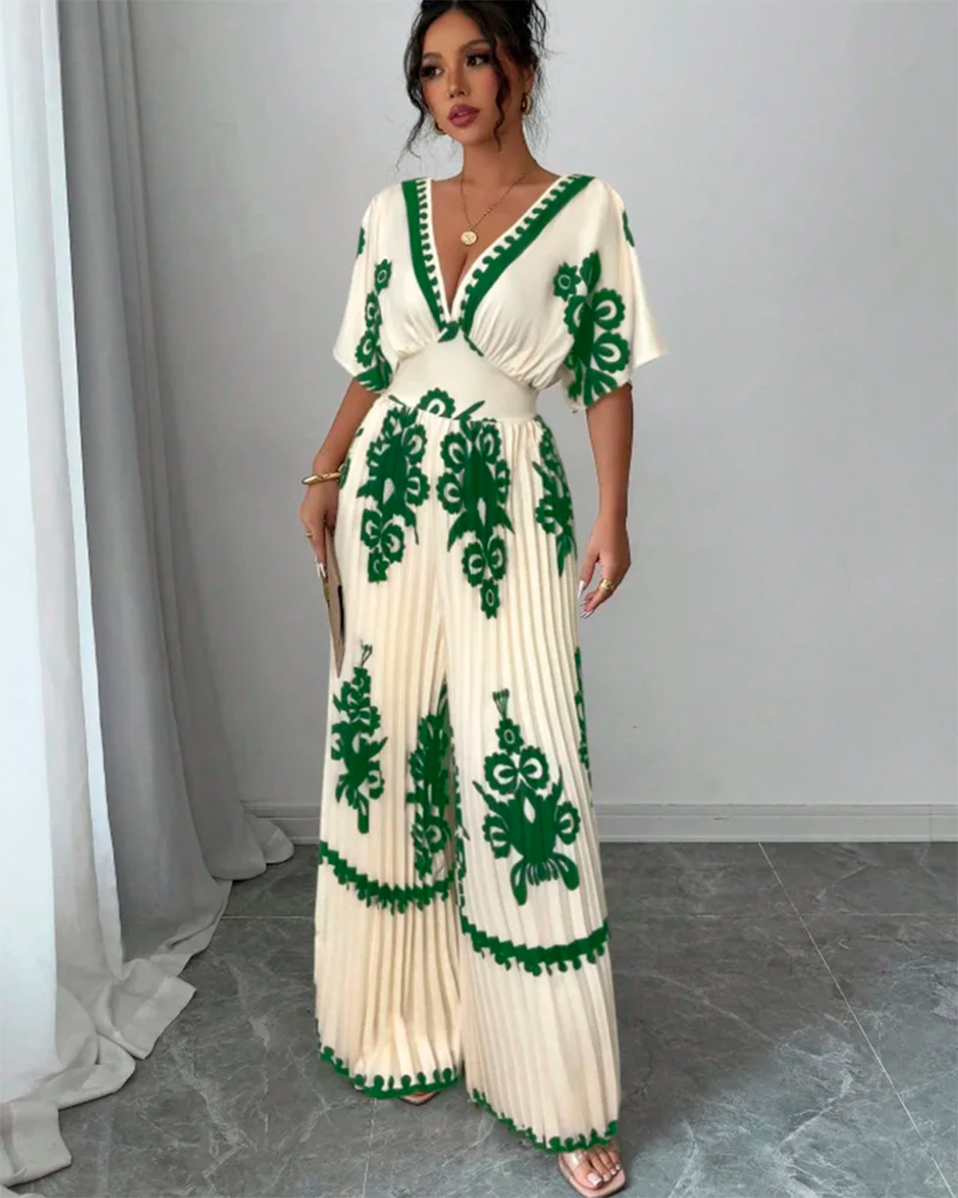 Combinaison Col V Plissé Taille Ceinturée Motifs Vert