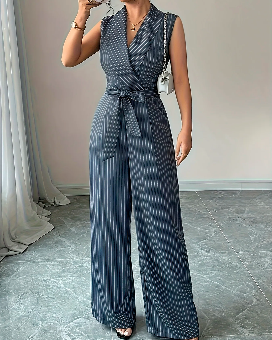 Combinaison Cache Cœur Rayée Ceinturée Jambes Larges