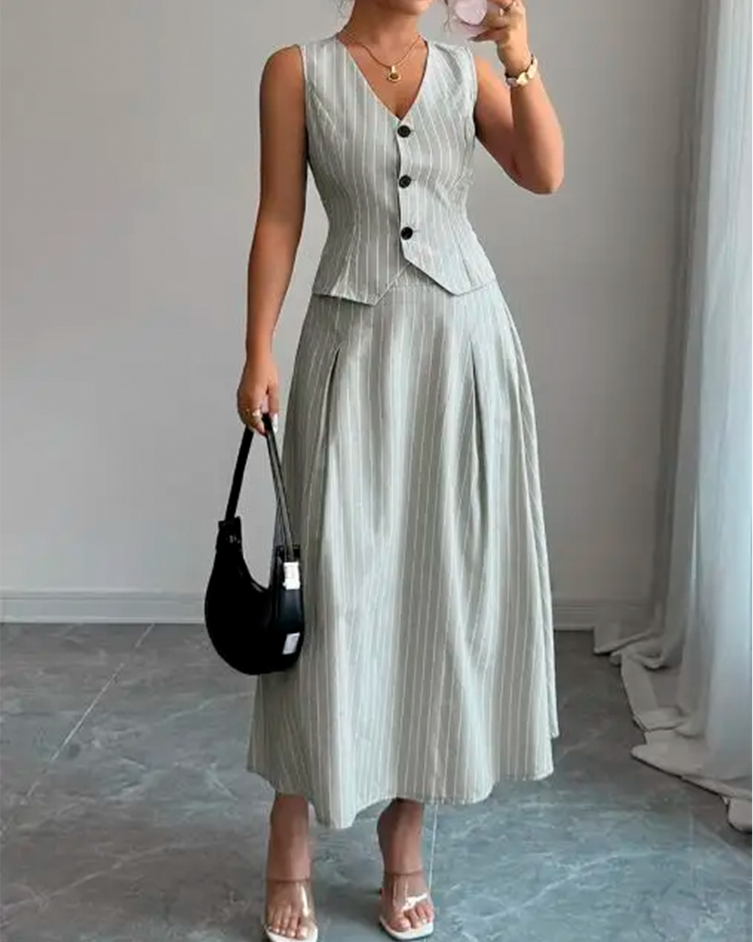 Ensemble Gilet Rayé Cintré Jupe Midi Évasée