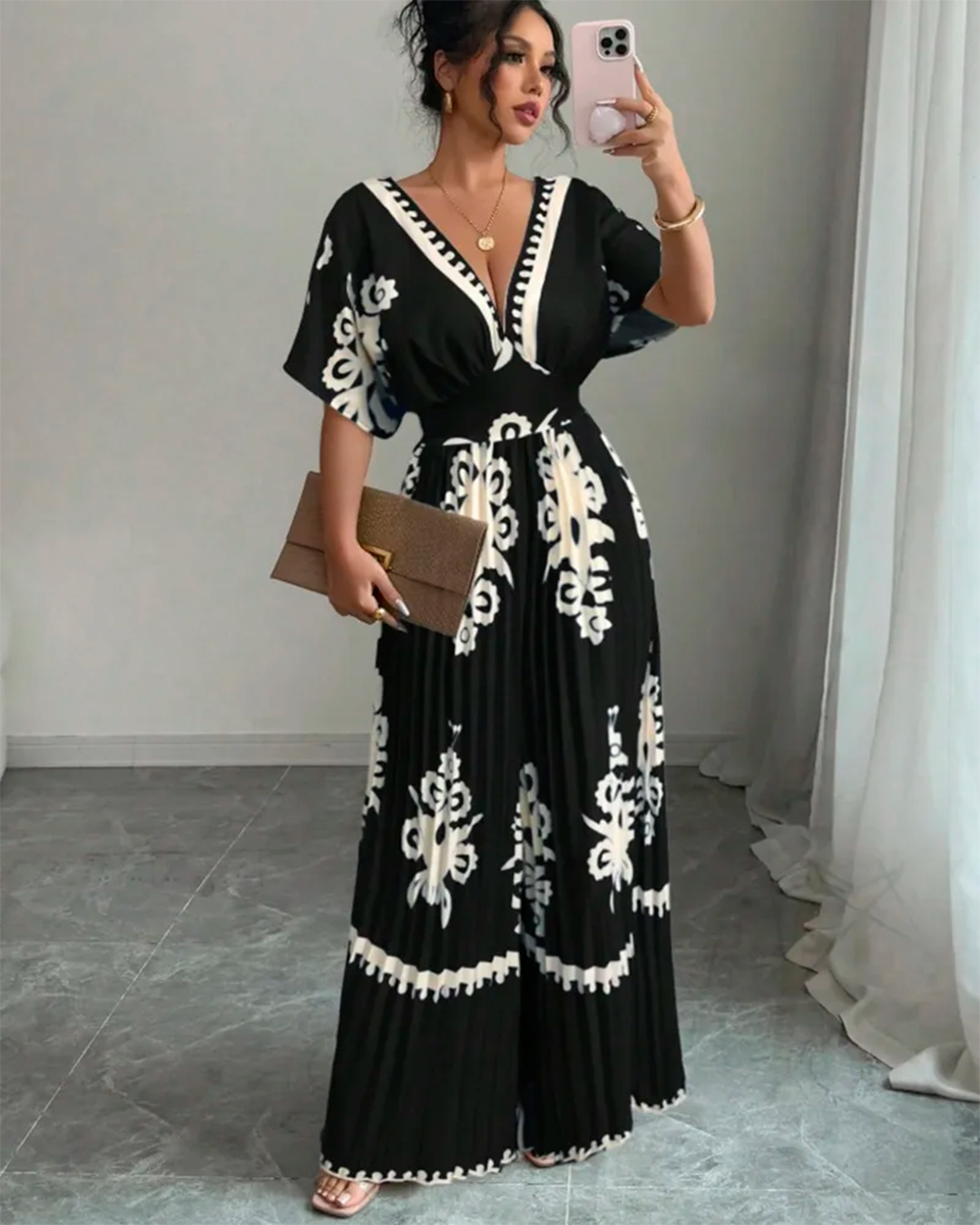 Combinaison Col V Plissé Taille Ceinturée Motifs Black