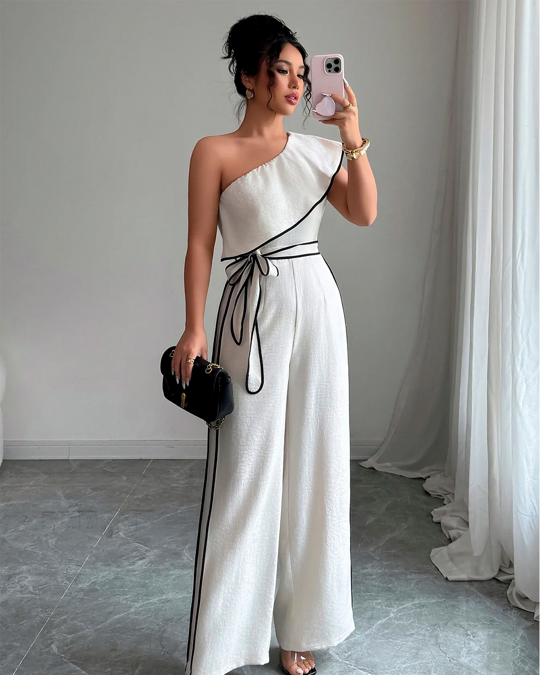 Combinaison Épaule Dénudée Taille Nouée Jambe Large