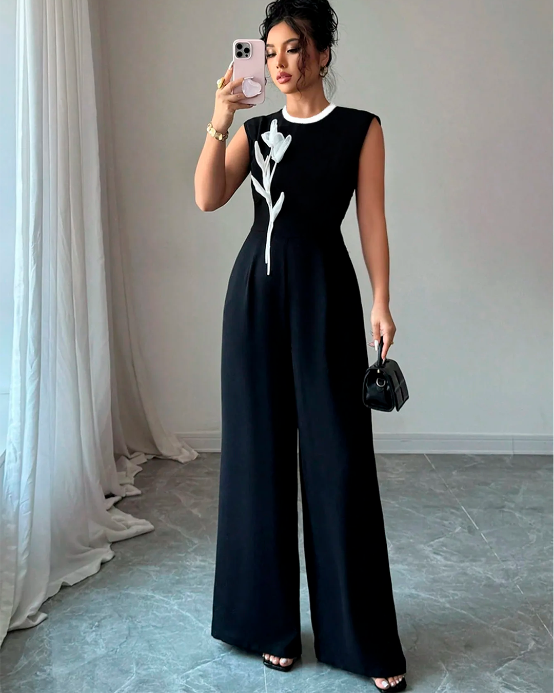 Combinaison Sans Manches Fleur Appliquée Taille Haute