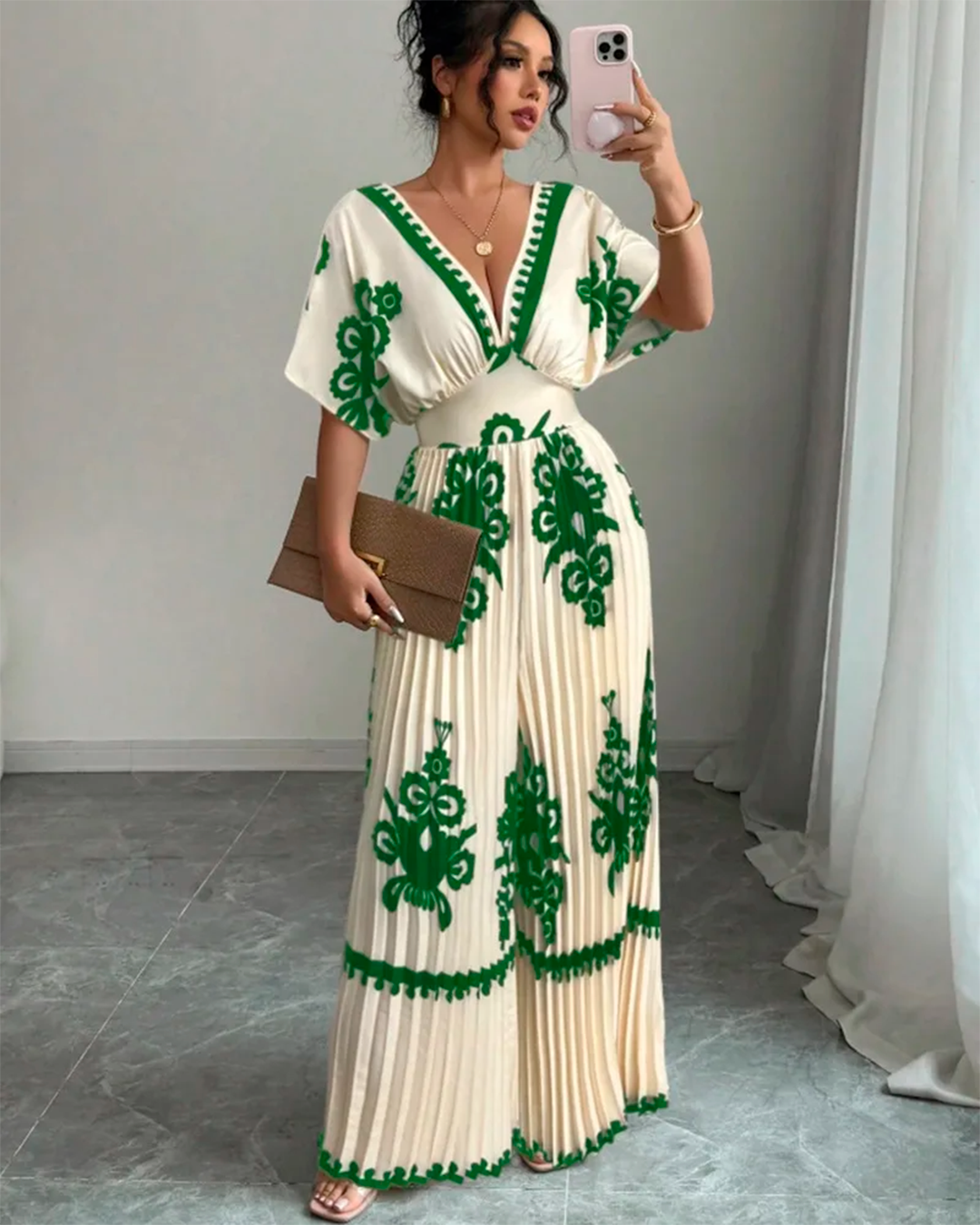 Combinaison Col V Plissé Taille Ceinturée Motifs Vert