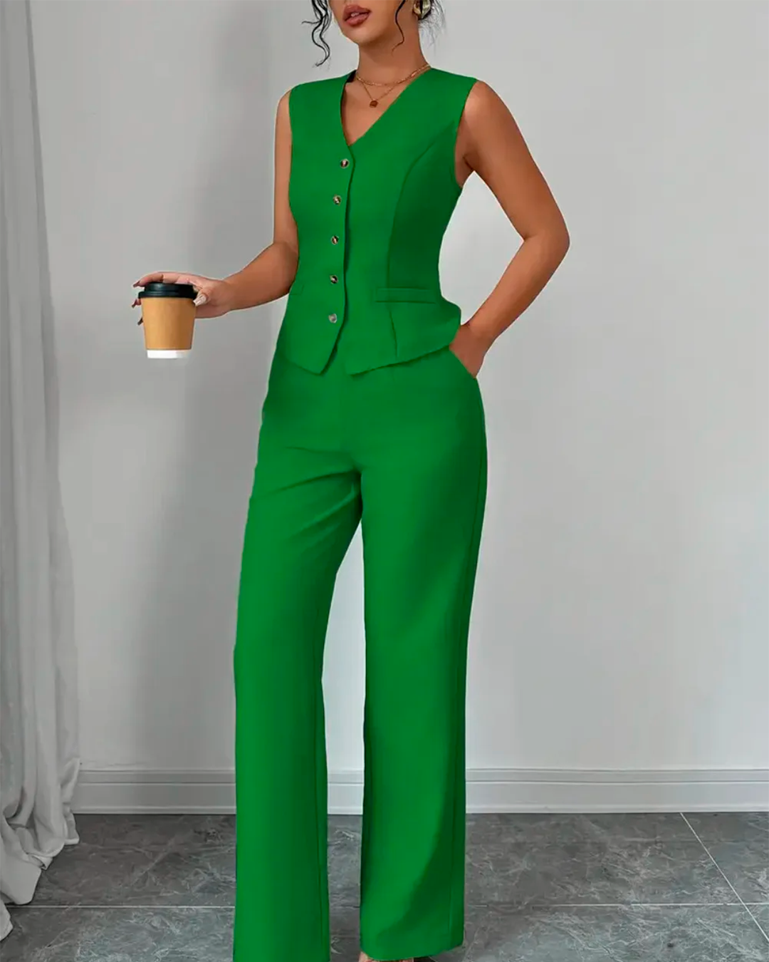 Ensemble Gilet Col V Boutonné + Pantalon Large