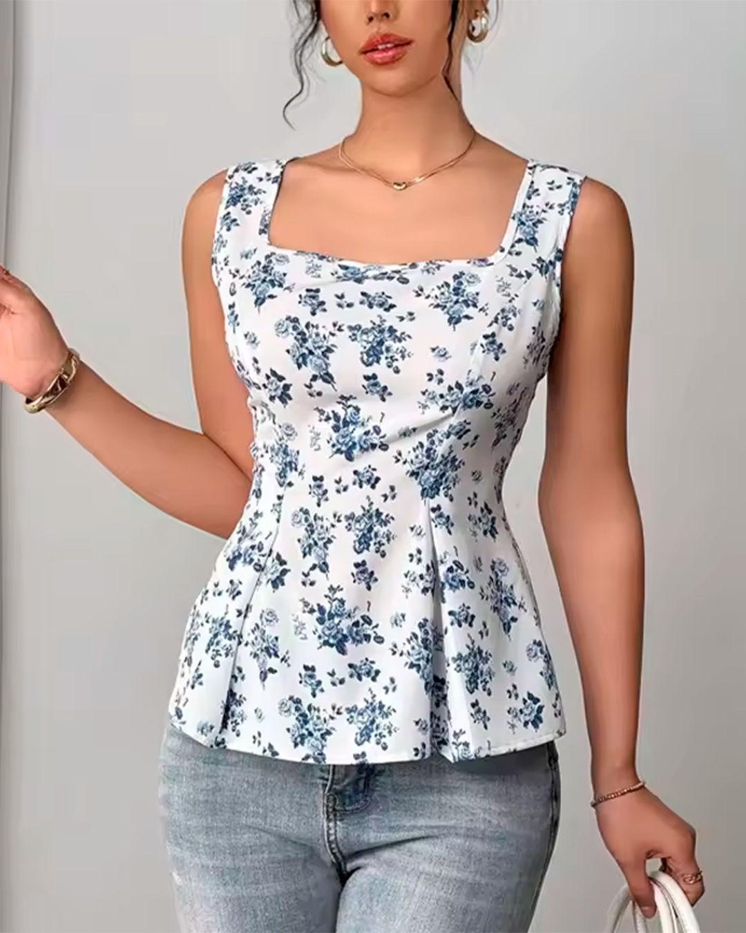 Blouse Col Carré Peplum Imprimé Floral