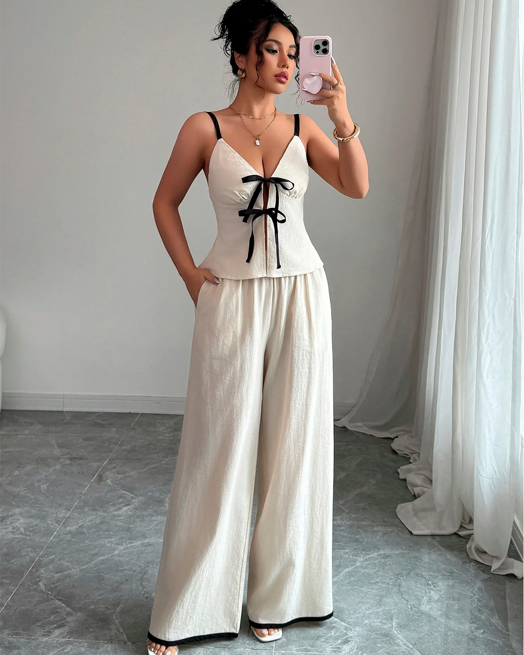 Ensemble Top Noué Bretelles Pantalon Large