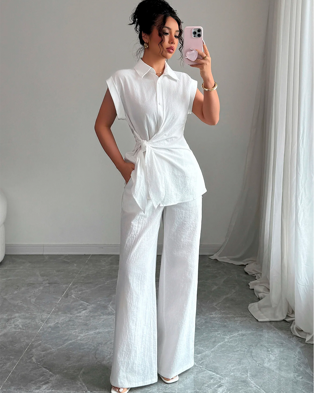 Ensemble Chemise Nœud Pantalon Large Sans Manches