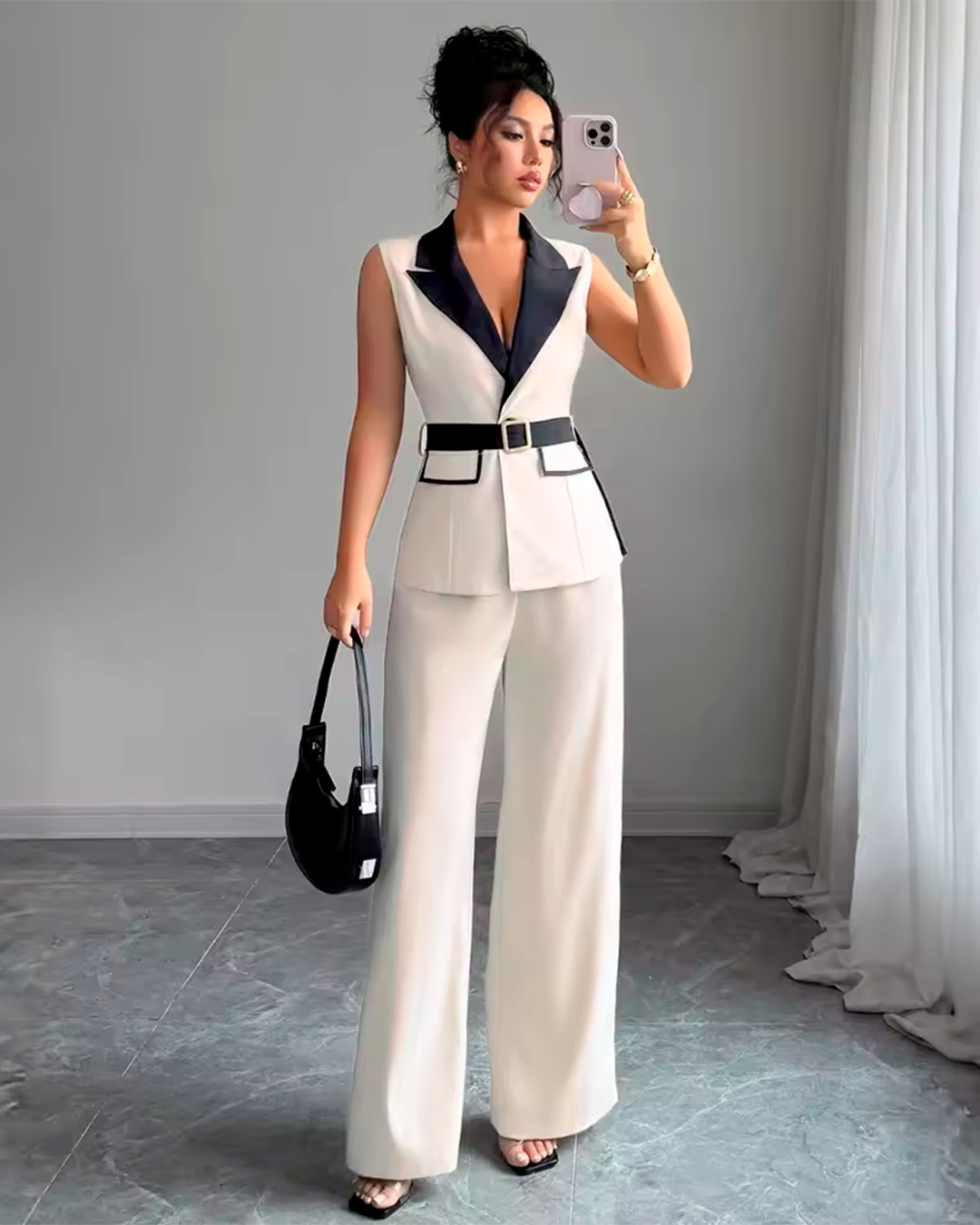 Ensemble Gilet Contrasté Ceinturé + Pantalon Large