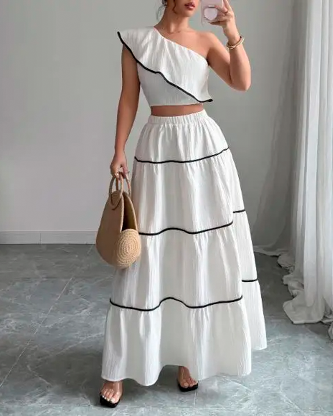 Ensemble Top Une Épaule Jupe Longue Volants