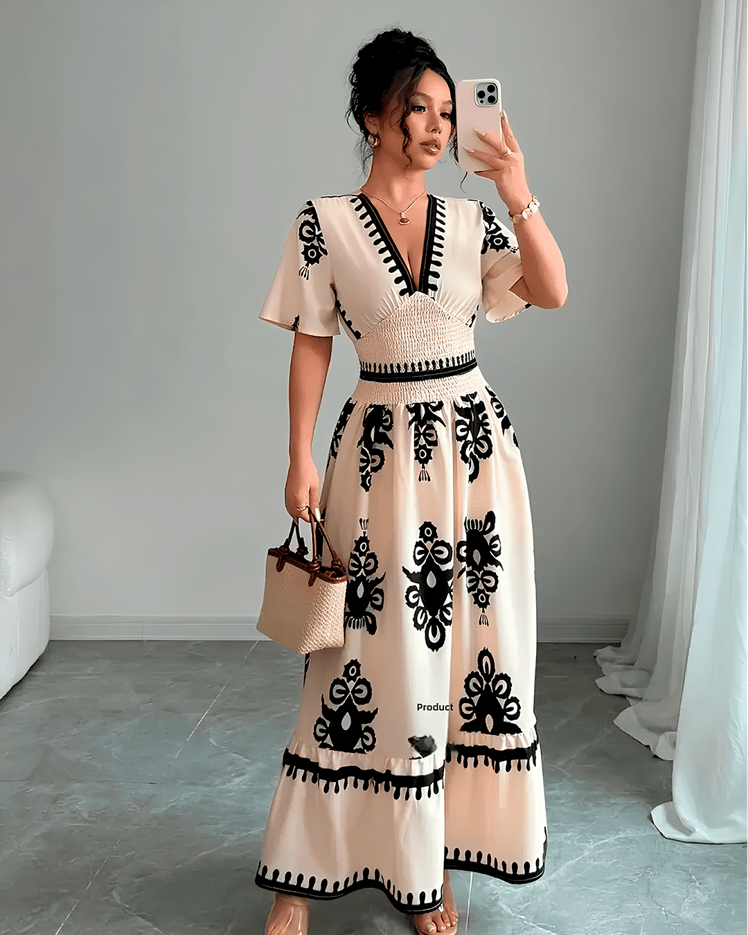 Robe Bohème Longue Broderie Col V Taille Smockée